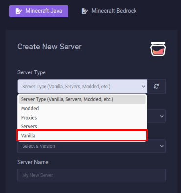 Снимок экрана, на котором выделен параметр «Ванильный» в раскрывающемся списке «Тип сервера».