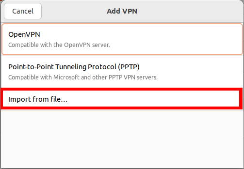 Снимок экрана, показывающий процесс импорта файла OpenVPN в Ubuntu.