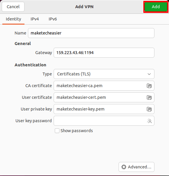 Снимок экрана, показывающий подробную информацию о сервере OpenVPN.