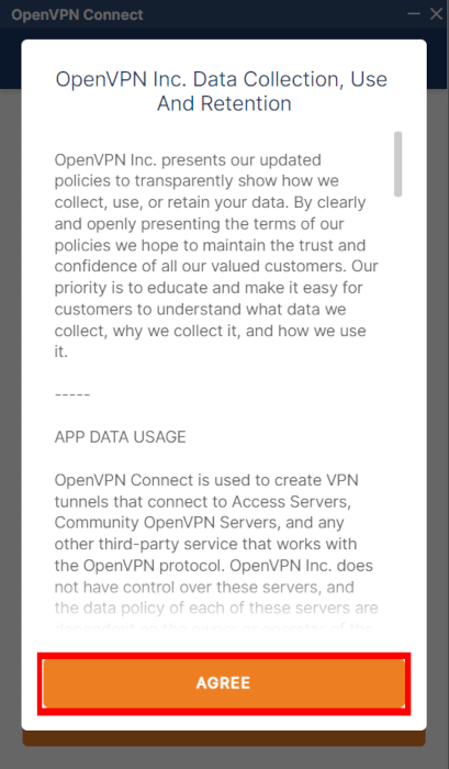 Снимок экрана, показывающий экран соглашения о Политике сбора данных для OpenVPN.