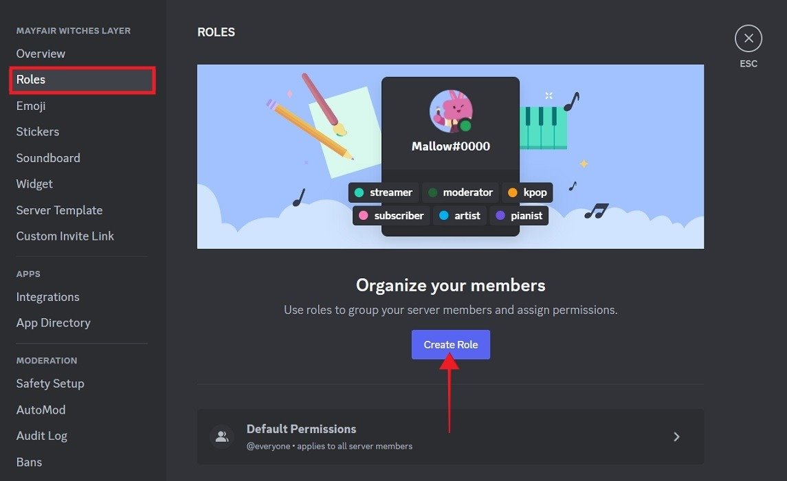 Нажмите кнопку «Создать роль» в разделе «Роли» в «Настройках сервера» в Discord для ПК.