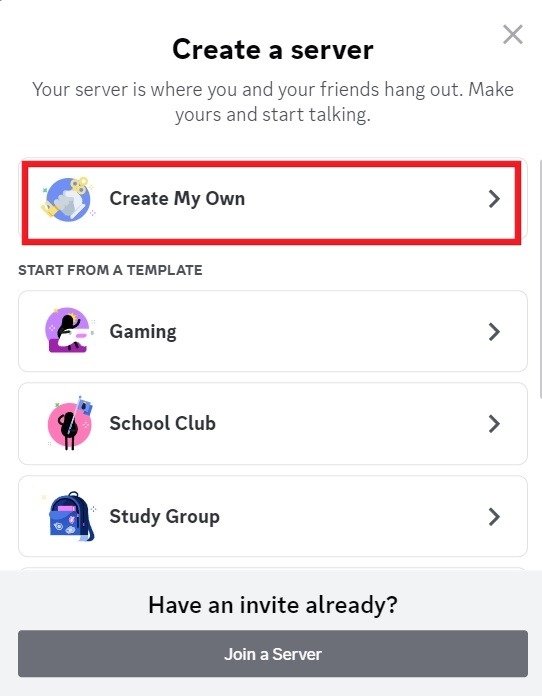 Кнопка «Создать свою» в Discord для ПК.