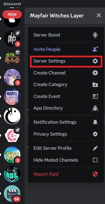 Нажмите «Настройки сервера» в Discord на ПК.