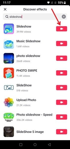 Находим эффект слайд-шоу в приложении TikTok.