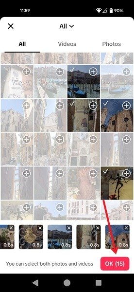 Нажатие кнопки «ОК» после выбора фотографий для слайд-шоу в шаблонах приложения TikTok.