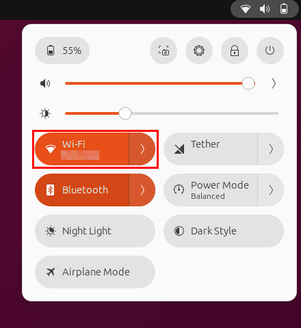 Снимок экрана, показывающий тумблер Wi-Fi в быстром меню Ubuntu.