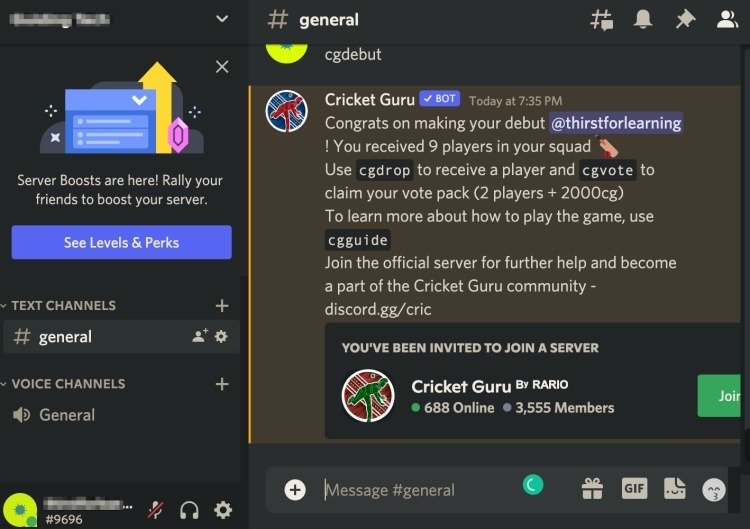 Игровой бот Cricket Guru Discord