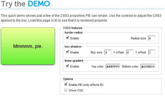 Живая демонстрация CSS3 Pie для тестирования в Internet Explorer