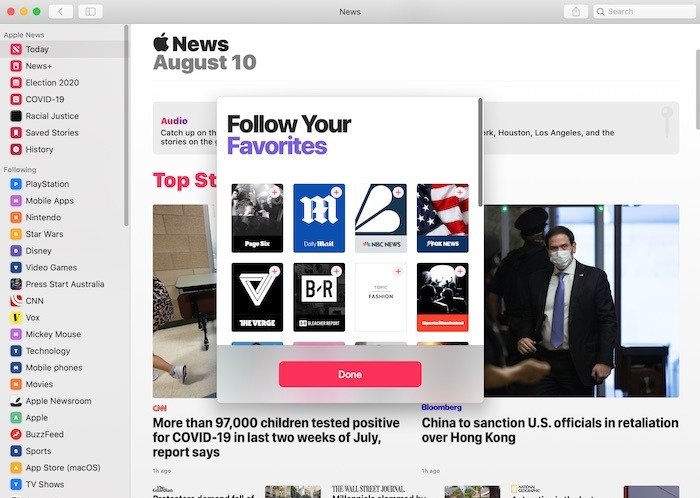 Настройка Apple News Mac с добавлением каналов