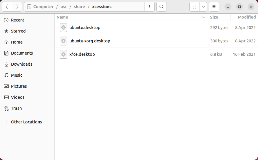 Снимок экрана папки xsessions из файлового менеджера Nautilus GNOME.