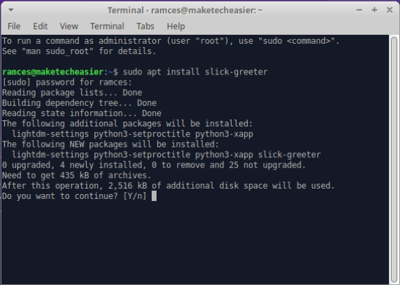 Терминал, показывающий процесс установки slick-greeter, одного из многих приветствующих LightDM, доступных в Linux.