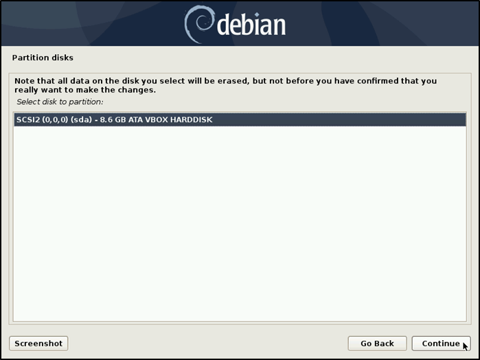 Установочный раздел Debian. Выбор диска.