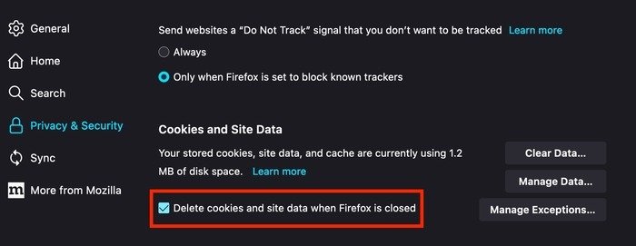 Выбор опции удаления файлов cookie и данных сайта при закрытии Firefox