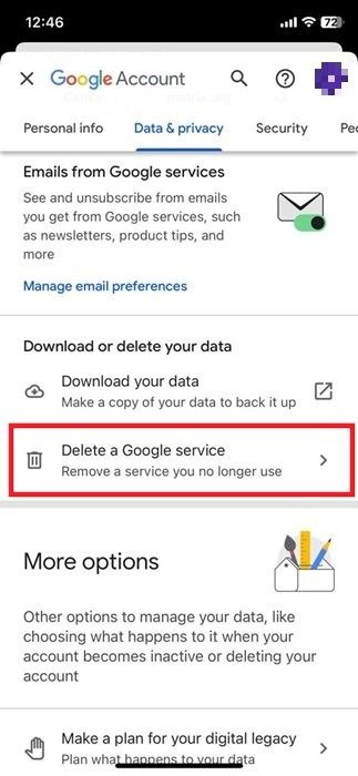 Нажатие «Удалить службу Google» в приложении Gmail для iOS.