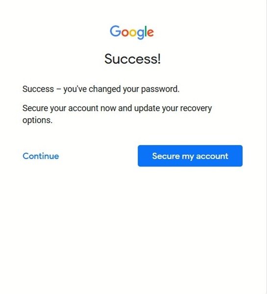 Сообщение об успешном восстановлении учетной записи Google/Gmail.