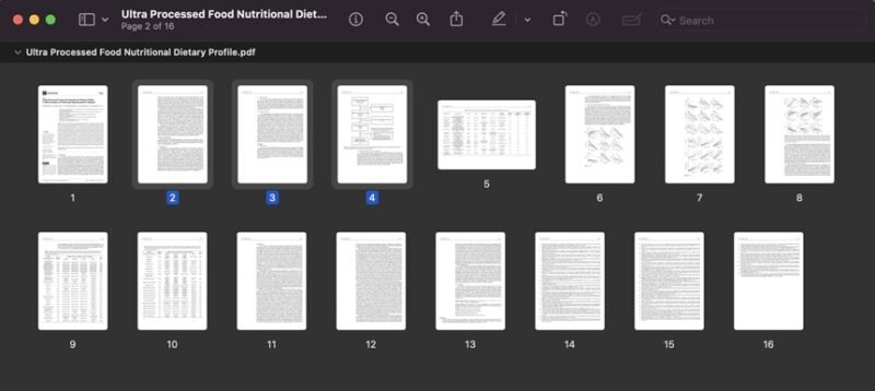 Выбор страниц PDF, которые вы хотите удалить, в программе «Просмотр» на Mac.