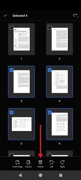 Удаление страниц в приложении Adobe для Android.