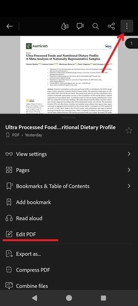 Нажатие на опцию «Редактировать PDF» в Adobe для Android.