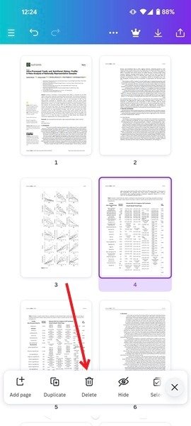 Выберите «Удалить» внизу, чтобы удалить страницы из PDF-файла в приложении Canva для Android.