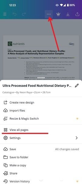 Нажмите на опцию «Просмотреть все страницы» в приложении Canva для Android.