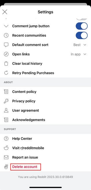 Удаление учетной записи Reddit в приложении Reddit для iOS