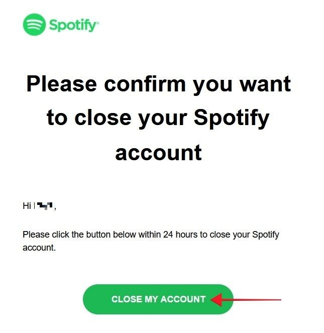 Подтверждение «Закрыть мою учетную запись», полученное от Spotify по электронной почте