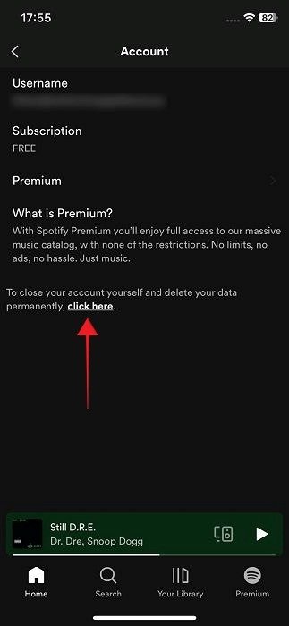 Нажав «Нажмите здесь», чтобы удалить бесплатную учетную запись Spotify.