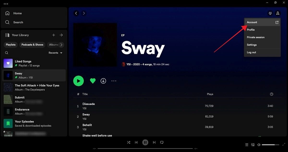 Нажатие «Учетная запись» в настольном клиентском приложении Spotify.