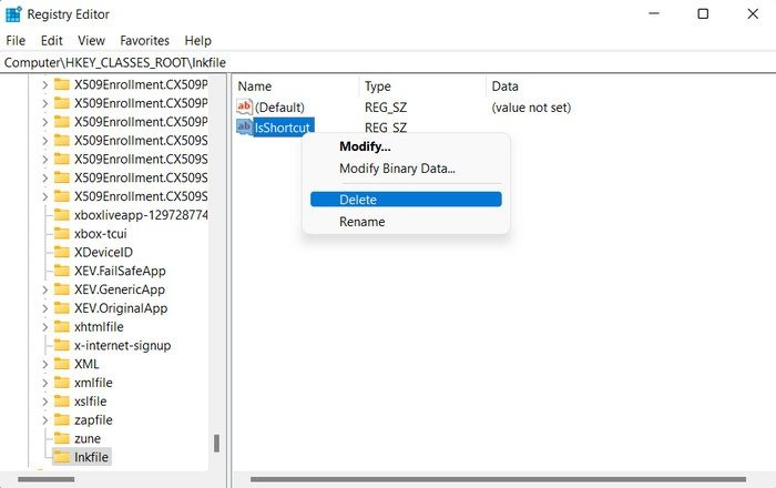 Удаление ключа IsShortcut из редактора реестра.