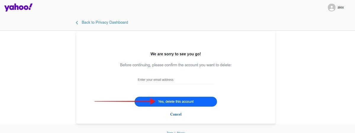 Нажмите кнопку «Да, удалить мою учетную запись», чтобы завершить удаление учетной записи электронной почты Yahoo.