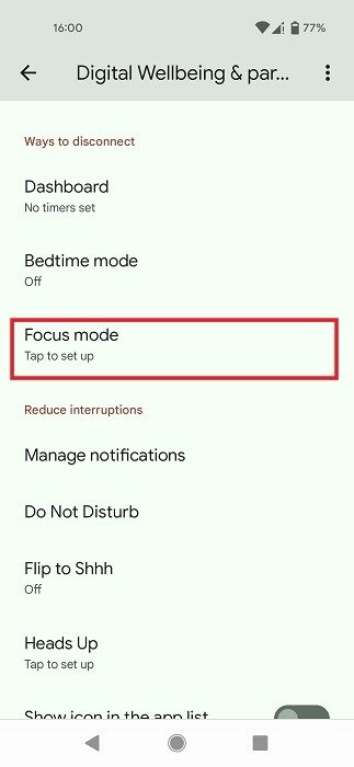 Нажатие на «Режим фокусировки» в «Цифровом благополучии».