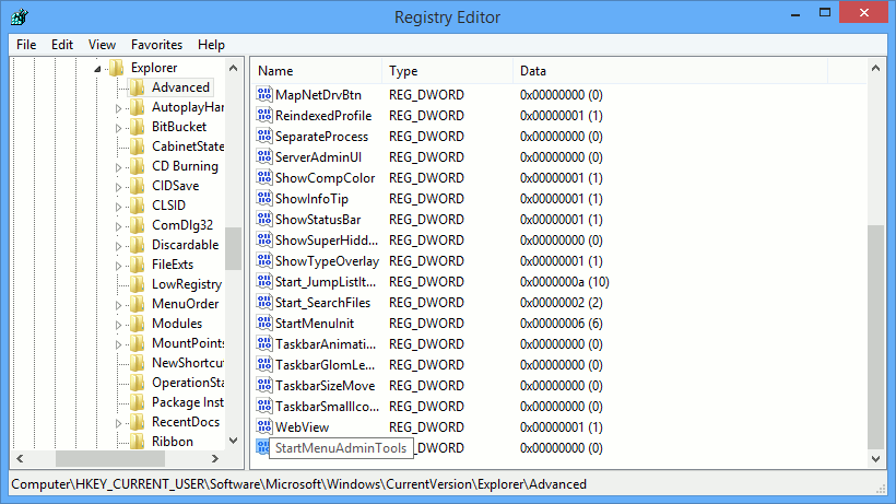 Дважды щелкните значение «StartMenuAdminTools».