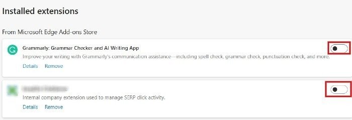 Переключение расширений влево, чтобы отключить их в браузере Microsoft Edge.