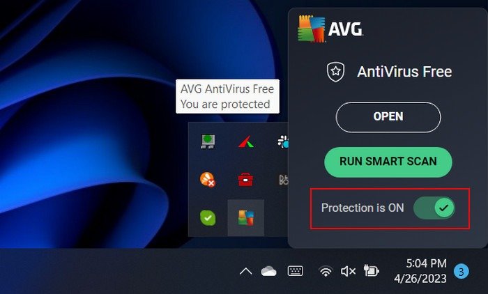 Отключите защиту AVG на панели задач Windows.