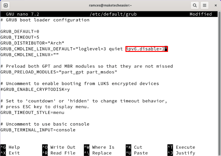 Терминал, показывающий аргумент IPv6 для Grub.