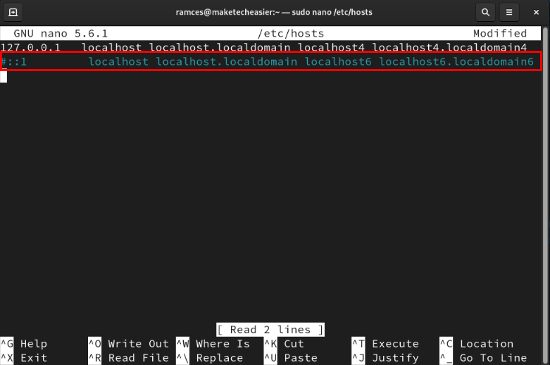 Терминал, показывающий адреса IPv6 в /etc/hosts, отключен.