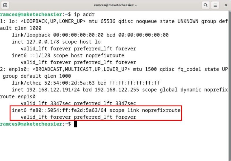 Терминал, показывающий стек IPv6, работающий в Debian Linux.