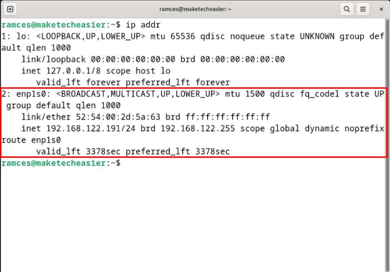 Терминал, показывающий сетевой интерфейс Ethernet без работающего стека IPv6.