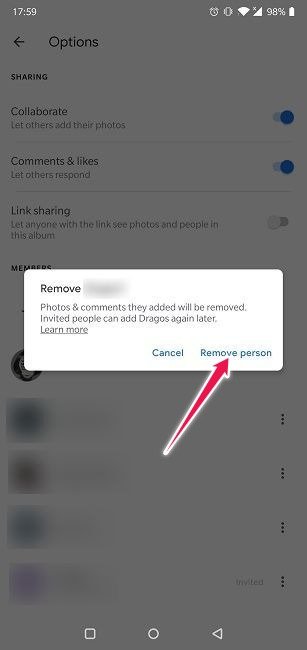 Отключить обмен ссылками Google Фото Android Подтвердить удаление