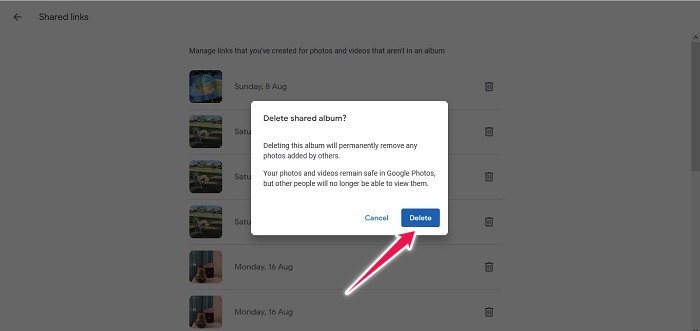 Отключить общий доступ к ссылкам Google Photos Web Удалить ссылку на одно изображение
