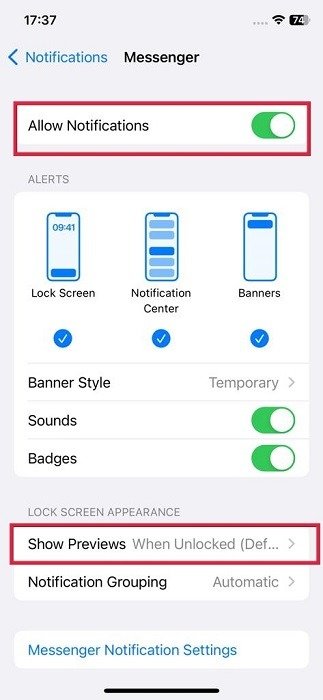 Включите переключатель «Разрешить уведомления» и установите флажок «Показать предварительный просмотр» в настройках iOS.