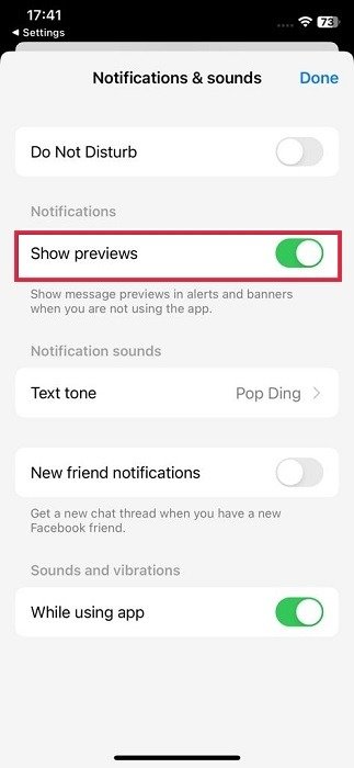 В приложении Messenger для iOS включена опция «Показать предварительный просмотр».