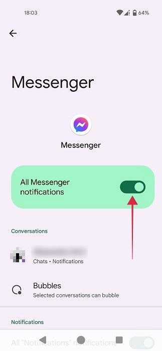 Отключите переключатель «Все уведомления Messenger» в настройках Android.