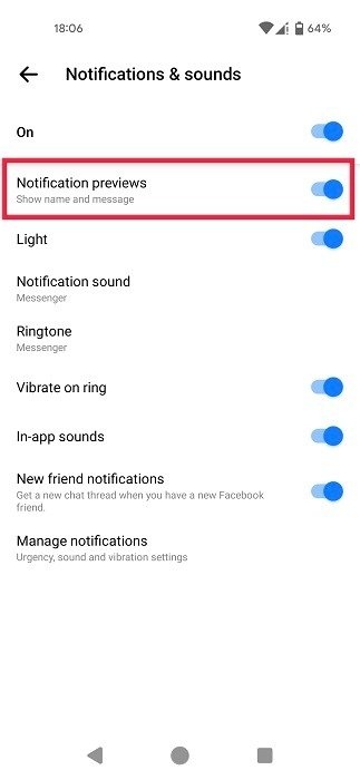 Включение «предварительного просмотра уведомлений» в приложении Messenger.