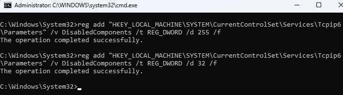 Введите команду для отключения IPv6, используя ключ реестра Windows.