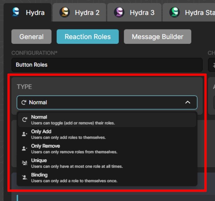 Discord Как добавить тип роли реакции бота Hydra
