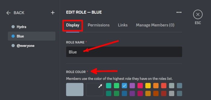 Discord Как добавить имя и цвет роли бота Hydra