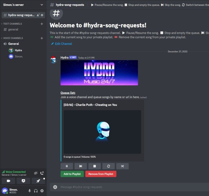 Discord Как добавить запрос песни Hydra Bot воспроизведен