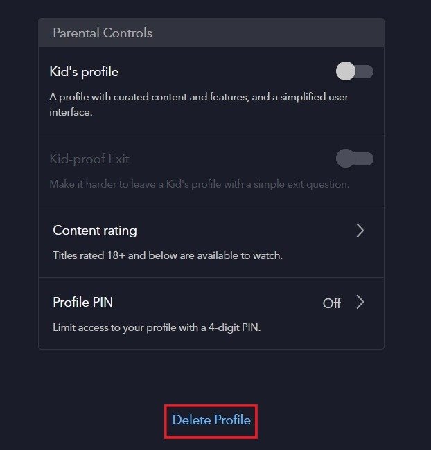 Кнопка «Удалить профиль» в Disney Plus в Интернете.