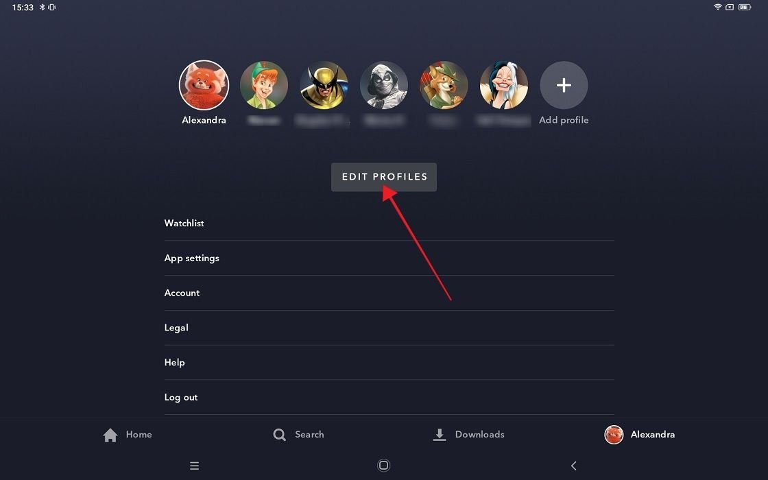Нажатие кнопки «Редактировать профили» в приложении Disney Plus для Android.